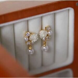 Elegant Floral Pearl Zirconia Stud Earrings, Bouquet Crystal Accent Earrings